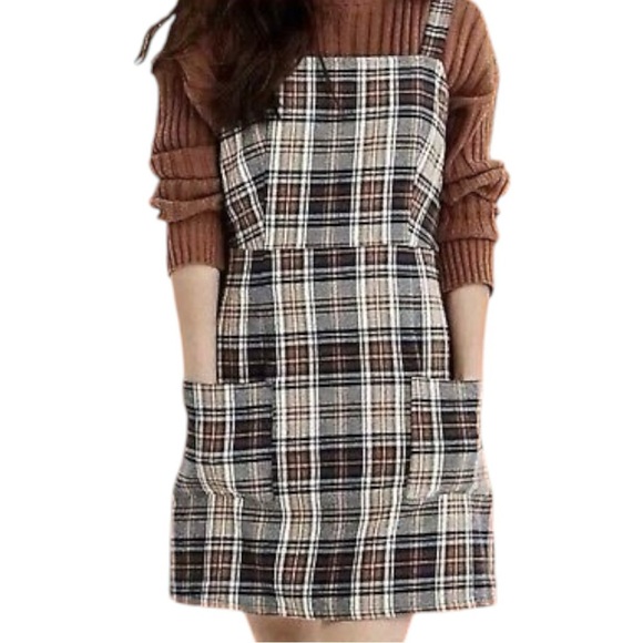 American Eagle Women's Brown Tan Plaid Jumper Dress Pockets Wide Straps Sz M - Picture 1 of 10